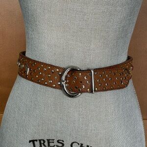 Vintage Studded Brown Leather Belt w Silver Buckle, Made in France, Size Small